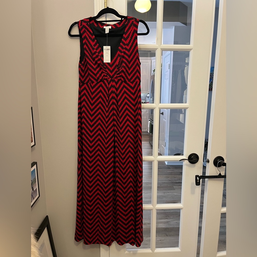 Chico's Red and Black Chevron Maxi Dress size 1 (M) NWT